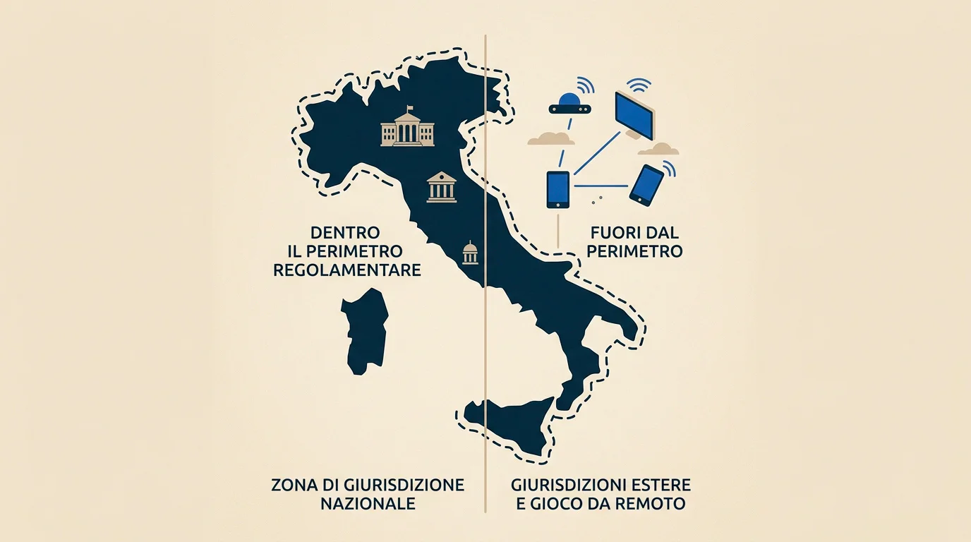 Mappa concettuale del rapporto tra perimetro ADM e operatori non AAMS attivi sul pubblico italiano nel 2026.