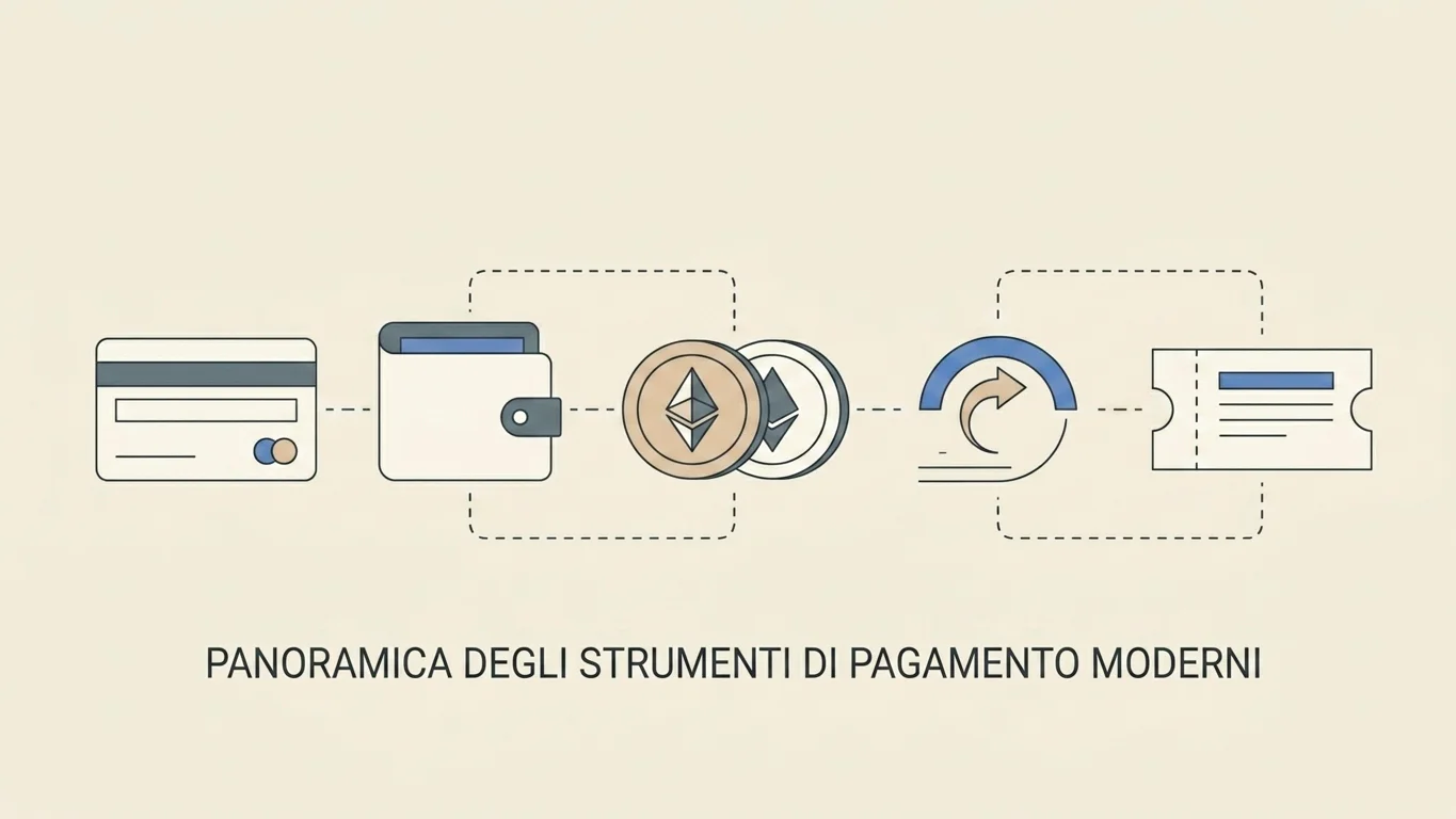 Rappresentazione dei principali strumenti di pagamento usati nei casino non AAMS: carte di credito, e-wallet internazionali, criptovalute e bonifici istantanei.